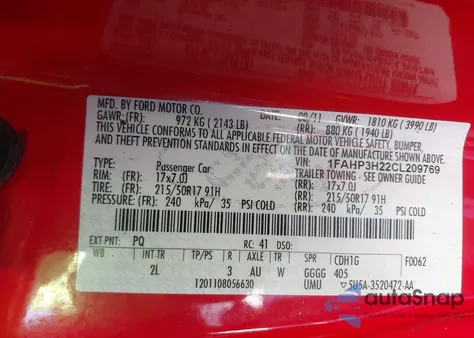 2012 Ford Focus Sel z USA, uszkodzony, nr VIN 1FAHP3H22CL209769